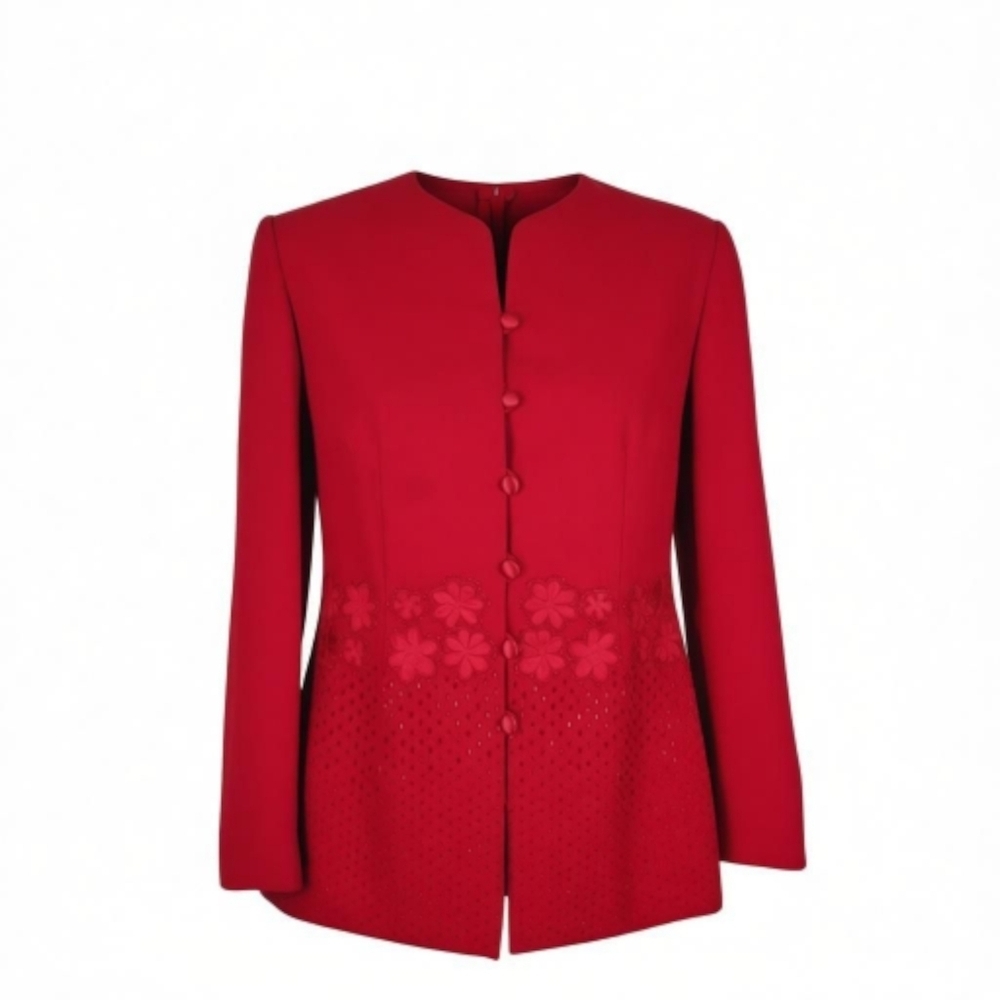 Emily Blazer Size 10 Beaded Embroidered Satin Button Loops Lined Christmas Red